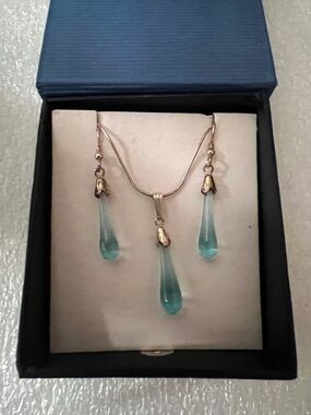 Bath Aqua Glass Sterling Silver Plain Drop Earrings and Pendant, New In Box
